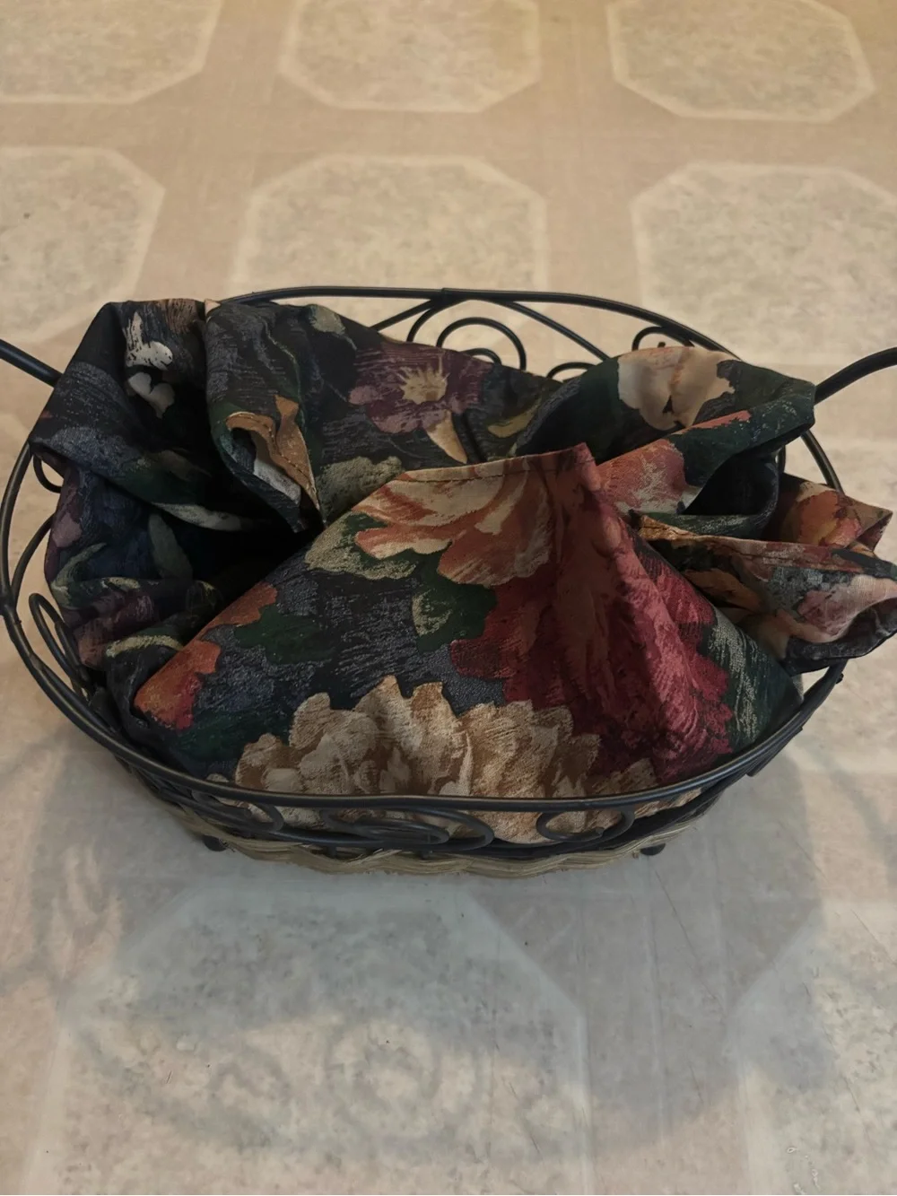 Woven Rattan and Black Metal Bread Serving Basket